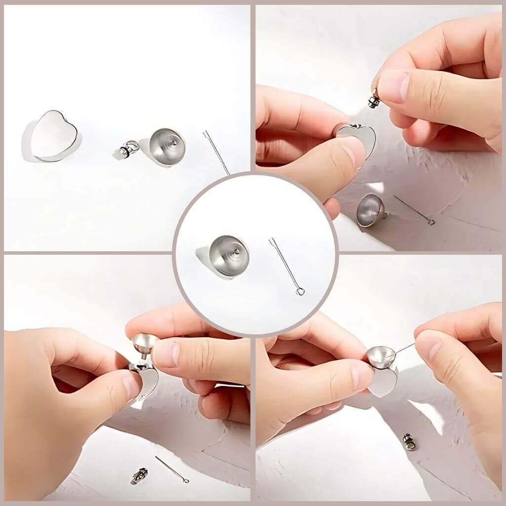 A step-by-step visual guide showing how to fill a cremation jewelry pendant using the included mini funnel and pin